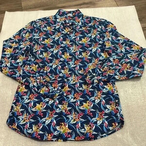 [M]Stenstroms  Flimline Hawaiian Floral Girl Blue Cotton L/S Button Up Shirt